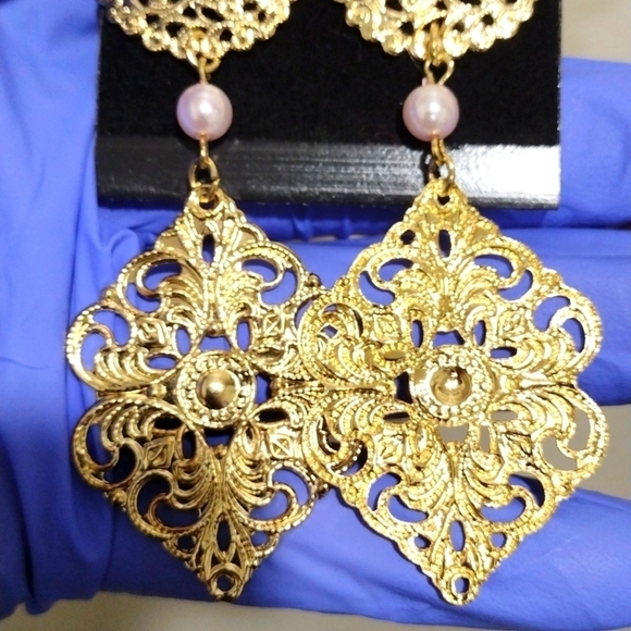 Women's Stylish Gold-tone Filigree Design 3" Long Beaded Drop Dangle Earrings #2 - Picture 3 of 5